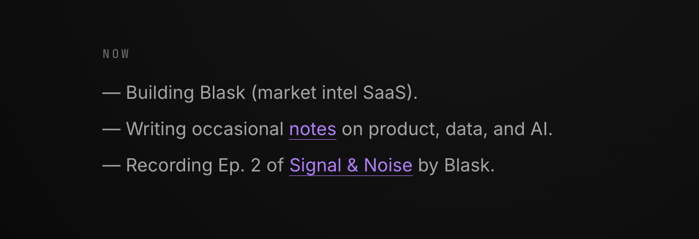 NOW section on desktop - all three lines reading cleanly